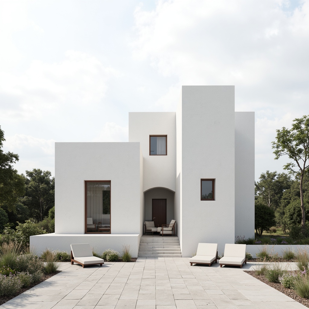 Prompt: Clean white facade, minimal ornamentation, simple rectangular shapes, flat rooflines, large windows, sliding glass doors, natural stone walls, subtle textures, monotone color palette, calm atmosphere, soft diffused lighting, low-key shadows, 1/1 composition, symmetric balance, empty space emphasis, brutalist influences, industrial materials, raw concrete accents, subtle metallic tones, peaceful surroundings, serene ambiance.