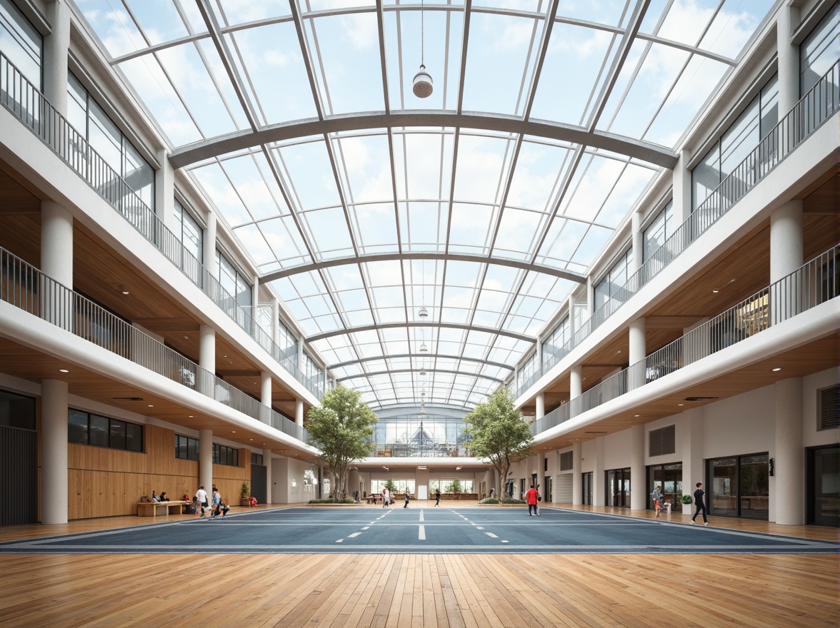 Prompt: Modern gymnasium interior, translucent roofing materials, soft diffused natural light, airy atmosphere, minimalist decor, polished wooden flooring, sleek metal beams, climbing walls, gymnastic equipment, athletic tracks, spacious open areas, natural ventilation systems, energy-efficient lighting, subtle color schemes, ambient shadows, shallow depth of field, 1/1 composition, realistic textures, ambient occlusion.