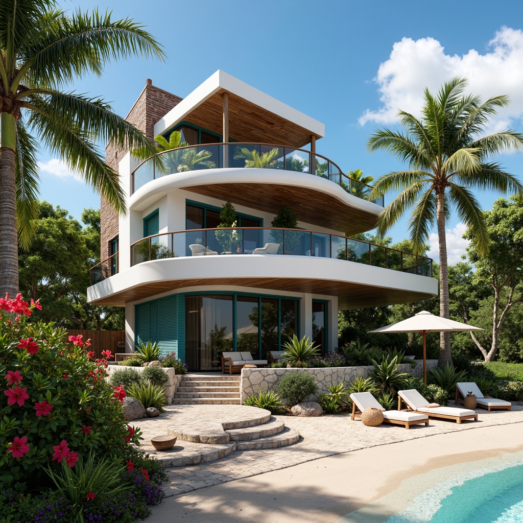 Prompt: Coastal eclectic villa, tropical beachside setting, lush green palms, vibrant hibiscus flowers, driftwood accents, nautical ropes, distressed wooden decks, coral-inspired stonework, ocean-blue shutters, salt-resistant metal railings, curved lines, asymmetrical facade, cantilevered upper floors, large glass windows, sliding doors, panoramic ocean views, warm sandy beaches, crystal-clear turquoise water, sunny day, soft natural lighting, 3/4 composition, shallow depth of field, realistic textures, ambient occlusion.