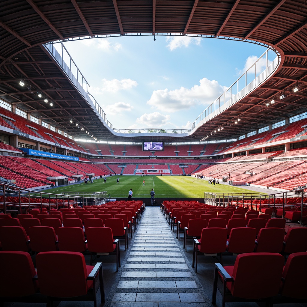 Prompt: Vibrant stadium interior, luxurious seats, soft plush cushions, metallic railings, polished concrete floors, sleek modern architecture, grandstands, athletic tracks, scoreboard displays, natural stone walls, retractable roofs, warm ambient lighting, shallow depth of field, 1/1 composition, realistic textures, ambient occlusion.