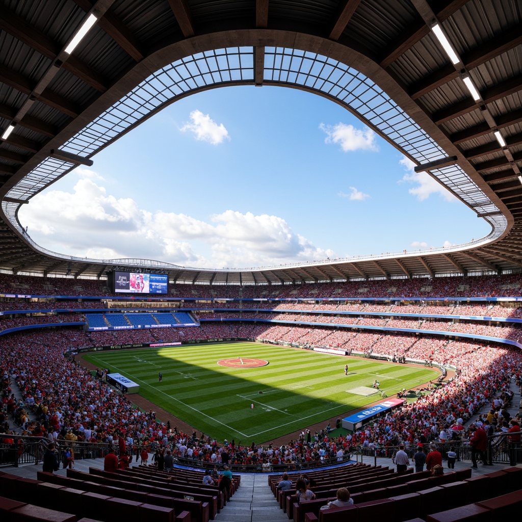 Prompt: Vibrant stadium atmosphere, bold team colors, energetic crowd, electric scoreboard lights, dynamic LED displays, sleek modern architecture, curved lines, metallic accents, polished concrete floors, bright sunny day, soft warm lighting, shallow depth of field, 1/1 composition, panoramic view, realistic textures, ambient occlusion.