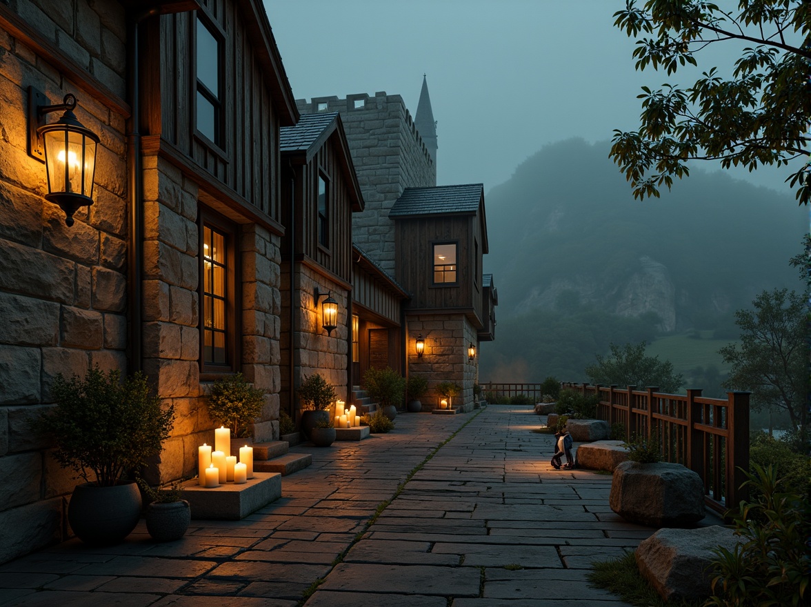 Prompt: Mysterious watchtower, medieval stone walls, worn wooden accents, mystical lanterns, glowing candles, dimly lit windows, rugged mountain landscape, misty foggy atmosphere, eerie silence, warm golden lighting, subtle texture details, atmospheric perspective, cinematic composition, rich earthy tones, moss-covered stones, weathered wooden planks, rusty metal fixtures, vintage-inspired typography.