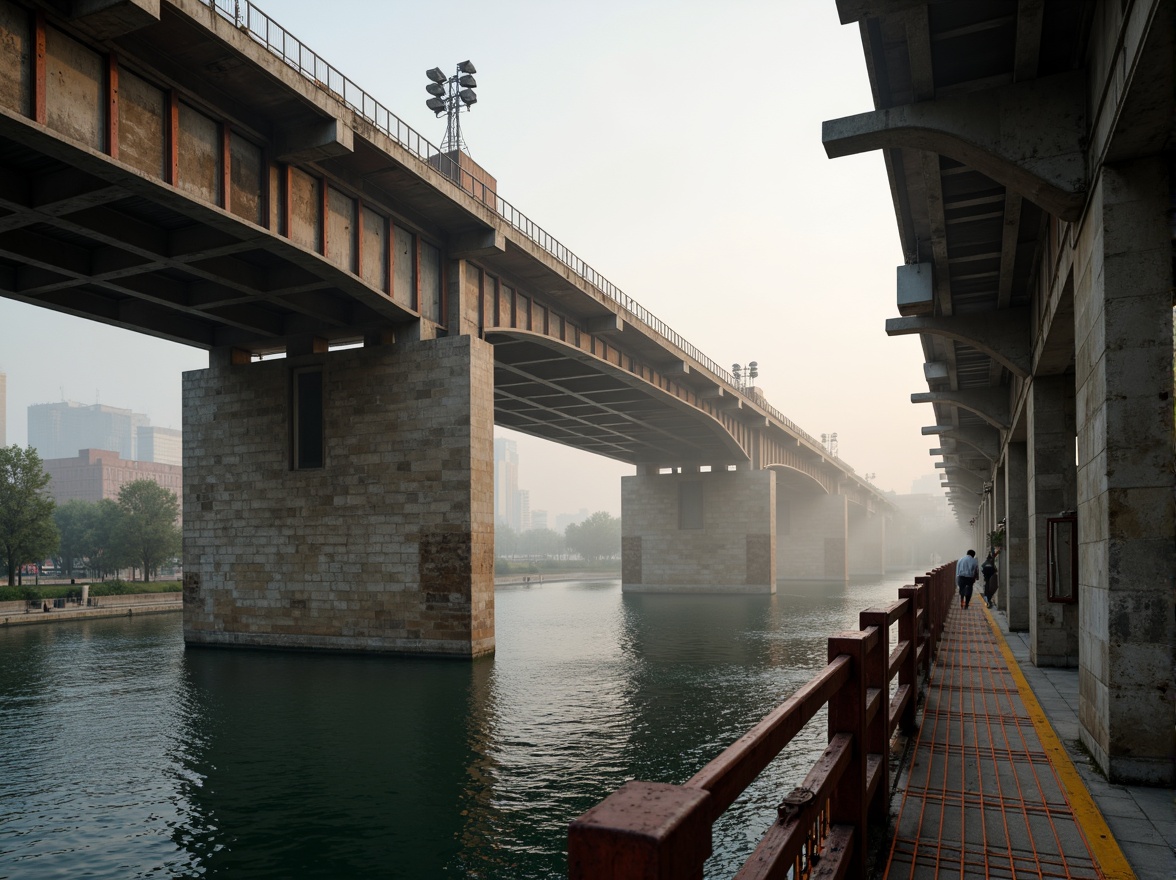 Prompt: Industrial steel bridges, rugged stone pillars, misty waterfront, early morning fog, soft warm lighting, muted earth tones, weathered wooden railings, rusty metal accents, vibrant orange safety nets, bold modern architecture, sleek urban design, dramatic arches, imposing structural elements, atmospheric mist effects, 1/2 composition, cinematic color grading.