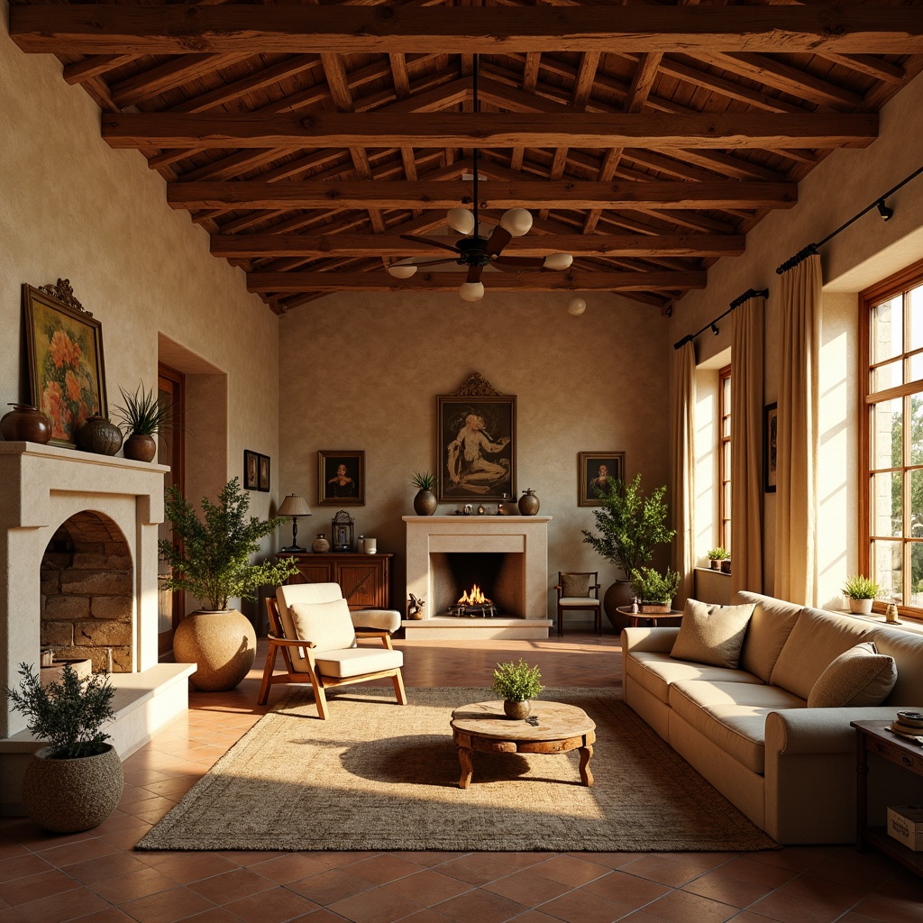 Prompt: Earthy tones, warm sienna hues, rustic textures, natural stone walls, terracotta roofs, vintage furniture, distressed wood accents, cozy living rooms, Tuscan villa inspiration, warm beige curtains, soft golden lighting, intimate atmosphere, shallow depth of field, 2/3 composition, realistic renderings, ambient occlusion.