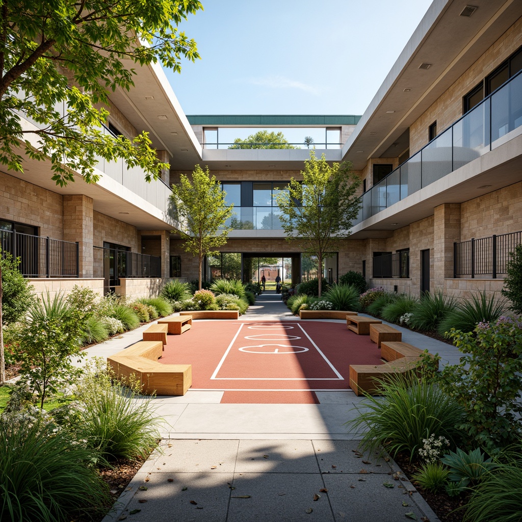 Prompt: Vibrant gymnasium courtyard, lush greenery, natural stone walls, wooden athletic equipment, sports field markings, running tracks, bleacher seating, educational signs, modern architecture, large windows, glass doors, clerestory lighting, sunny day, soft warm lighting, shallow depth of field, 3/4 composition, panoramic view, realistic textures, ambient occlusion, outdoor fitness stations, exercise machines, athletic track surfaces, sports-themed murals, dynamic color schemes.