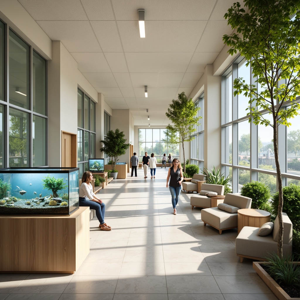 Prompt: Calming healthcare facility, soothing color scheme, gentle pastel hues, soft whites, creams, and blues, natural wood accents, comfortable waiting areas, lush greenery, peaceful aquariums, calming water features, warm lighting, shallow depth of field, 1/1 composition, realistic textures, ambient occlusion.