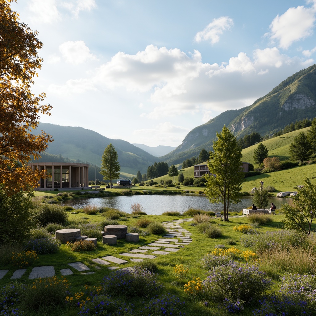 Prompt: Rolling hills, serene lakeside, lush greenery, vibrant wildflowers, meandering walking paths, natural stone benches, wooden gazebos, rustic lanterns, eco-friendly materials, sustainable design, minimalist architecture, large windows, sliding glass doors, soft warm lighting, shallow depth of field, 3/4 composition, panoramic view, realistic textures, ambient occlusion.