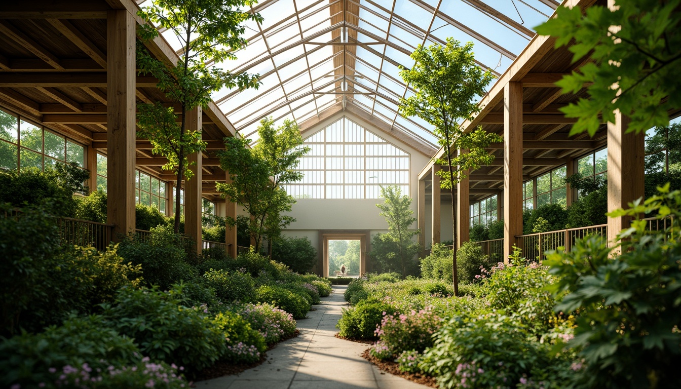 Prompt: Vibrant greenhouse interior, lush greenery, natural light diffusion, prismatic shades, clerestory windows, automated shading systems, solar tubes, LED grow lights, reflective surfaces, misting irrigation systems, trellis structures, climbing plants, humid tropical atmosphere, warm soft lighting, shallow depth of field, 1/2 composition, realistic textures, ambient occlusion.