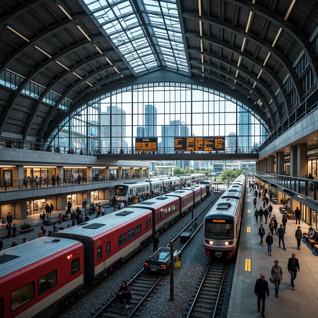 Prompt: Busy transportation hub, modern architecture, steel beams, glass roofs, sleek trains, bustling crowds, urban landscape, cityscape, neon lights, electronic displays, departure boards, ticketing systems, comfortable seating areas, natural ventilation, ample lighting, shallow depth of field, 3/4 composition, panoramic view, realistic textures, ambient occlusion.