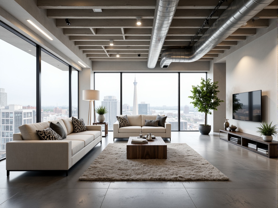 Prompt: Minimalist modern living room, sleek low-profile furniture, neutral color palette, plush area rugs, floor-to-ceiling windows, natural daylight, urban cityscape views, industrial-chic exposed ductwork, polished concrete floors, geometric patterned throw pillows, minimalist decor accents, functional storage solutions, optimized traffic flow, harmonious spatial relationships, warm task lighting, 3/4 composition, realistic textures, ambient occlusion.