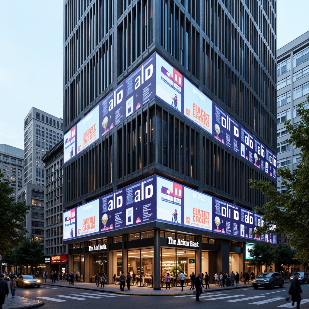 Prompt: Modern commercial building, sleek glass facade, bold font signage, backlit LED displays, 3D lettering, stainless steel frames, urban cityscape, bustling streets, morning commute, natural sunlight, shallow depth of field, 1/1 composition, high-contrast color scheme, vibrant brand colors, geometric patterns, clean minimalist design.