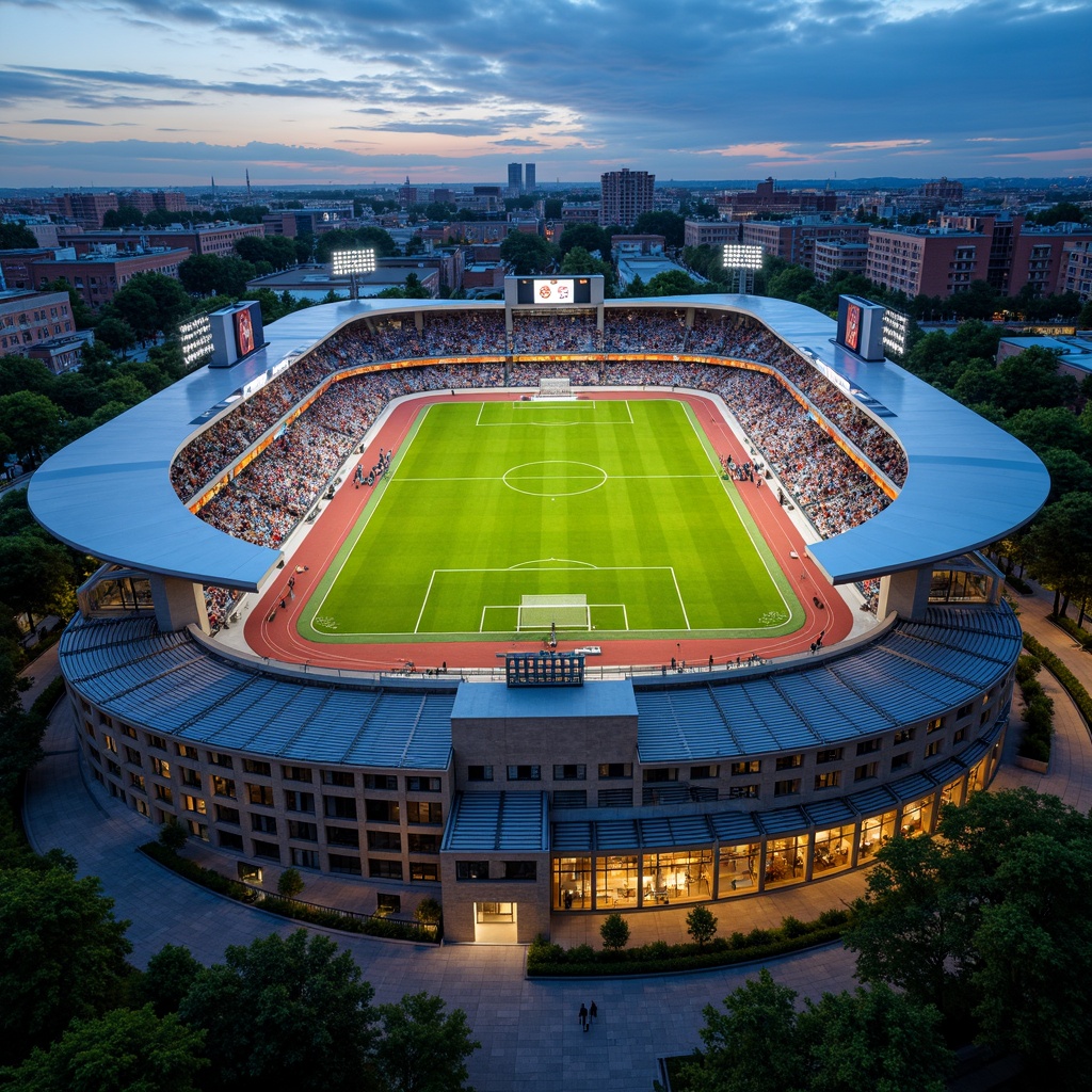 Prompt: Modern soccer stadium architecture, sleek curves, angular lines, vibrant team colors, lush green grass, athletic tracks, scoreboards, floodlights, grandstands, tiered seating, VIP boxes, luxury suites, player tunnels, dugouts, referees' areas, goal nets, corner flags, natural stone fa\u00e7ades, cantilevered roofs, transparent canopies, open-air concourses, urban cityscape backdrop, dramatic evening lighting, shallow depth of field, 3/4 composition, panoramic view, realistic textures, ambient occlusion.