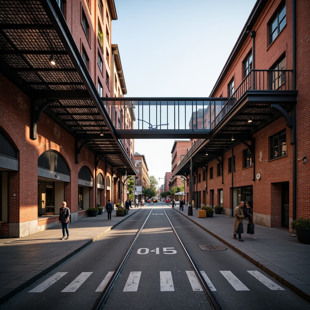 Prompt: Brick-faced tram station, industrial-style architecture, rugged stone walls, arched windows, steel beams, modern urban infrastructure, busy cityscape, daytime scene, soft natural light, shallow depth of field, 1/2 composition, realistic textures, ambient occlusion, detailed masonry work, ornate brick patterns, robust construction, reinforced concrete foundations, metallic accents, vibrant urban atmosphere.