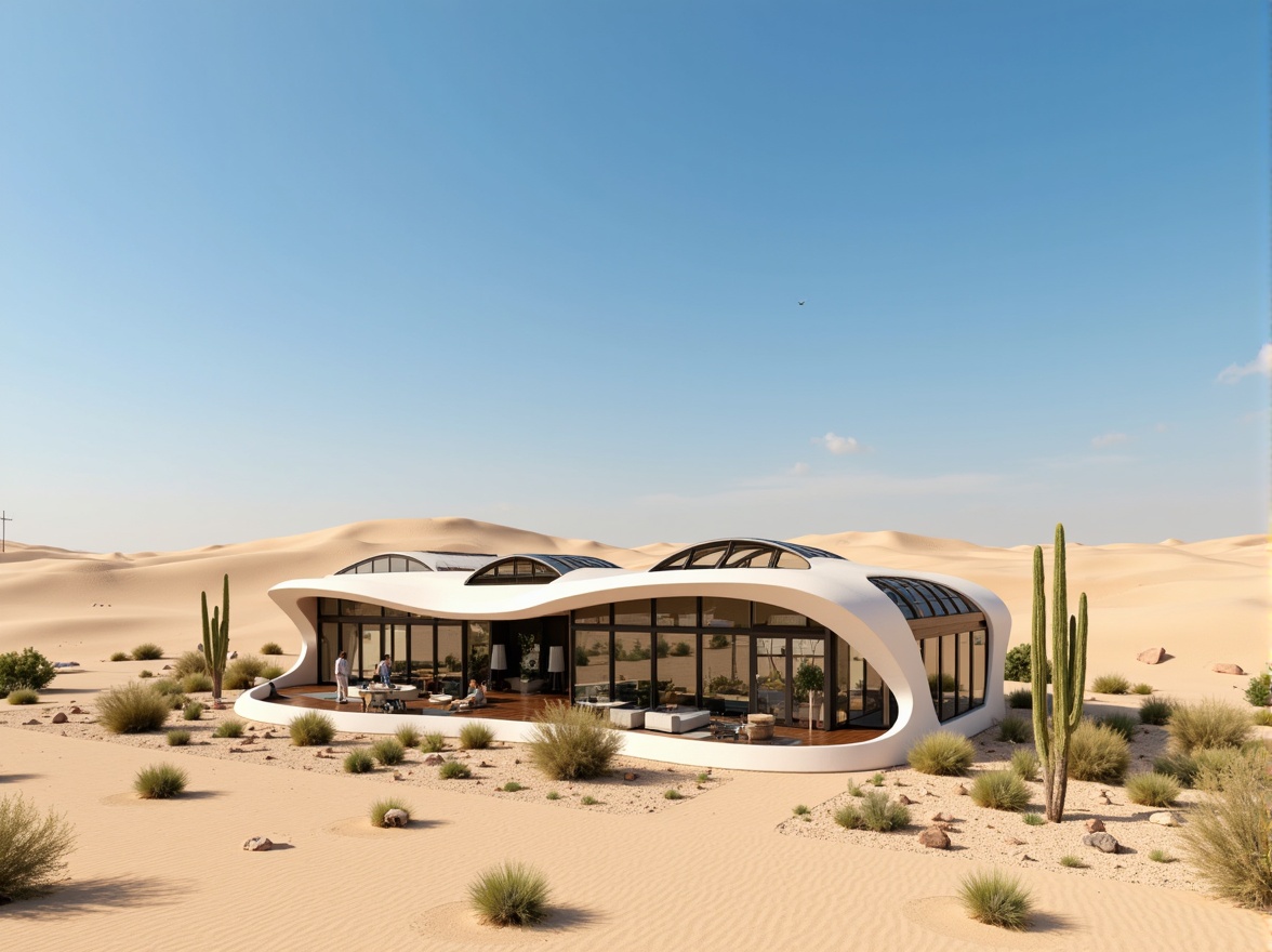 Prompt: Arid desert landscape, sandy dunes, cactus plants, hot sunny day, clear blue sky, vast open space, modern desert architecture, curved lines, organic shapes, large windows, clerestory windows, skylights, solar tubes, reflective glass surfaces, metallic accents, minimalist design, sustainable energy solutions, solar panels, wind turbines, water conservation systems, green roofs, eco-friendly materials, innovative cooling technologies, shaded outdoor spaces, misting systems, Arabic-inspired patterns, vibrant colorful textiles, intricate geometric motifs, warm beige color palette, natural stone walls, rustic wood accents, earthy tones, soft diffused lighting, high contrast ratio, 1/1 composition, realistic textures, ambient occlusion.