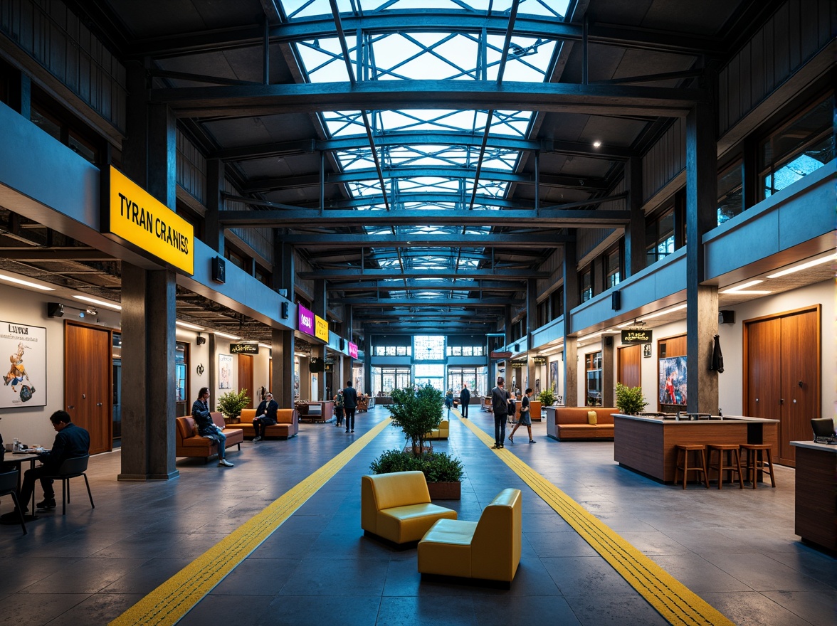 Prompt: Vibrant train station, industrial architecture, metallic beams, concrete floors, urban cityscape, bustling atmosphere, neon signage, dynamic lighting, modern amenities, sleek waiting areas, comfortable seating, natural wood accents, stainless steel fixtures, bold color scheme, deep blues, bright yellows, rich oranges, neutral grays, warm whites, gradient effects, subtle textures, atmospheric misting, shallow depth of field, 2/3 composition, realistic renderings, ambient occlusion.