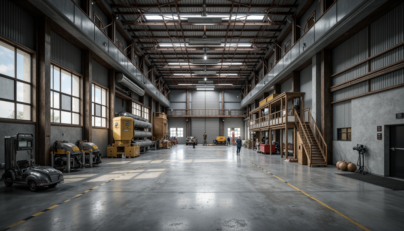 Prompt: Industrial facility, metal framework, exposed ductwork, concrete flooring, epoxy resin coating, textured surfaces, matte finishes, stainless steel accents, metallic sheen, overhead lighting, shallow depth of field, 1/2 composition, realistic reflections, ambient occlusion, weathered metal, distressed textures, rugged industrial aesthetic, functional design elements.