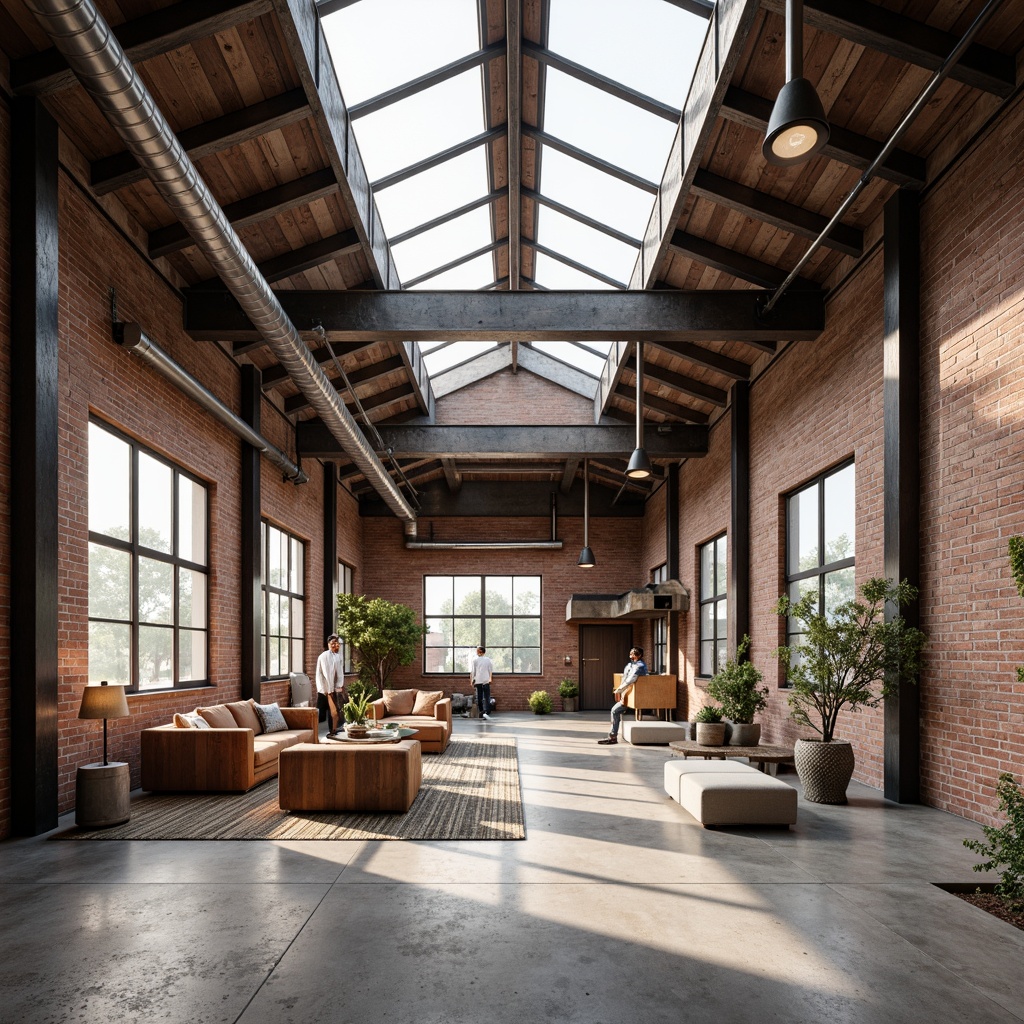 Prompt: Exposed brick walls, industrial metal beams, polished concrete floors, reclaimed wood accents, minimal ornamentation, functional simplicity, natural light pouring through skylights, clerestory windows, open floor plans, flexible spaces, modular furniture systems, steel framed doors, aluminum window frames, urban loft atmosphere, distressed finishes, vintage decorative elements, high ceilings, exposed ductwork, mechanical systems on display, brutalist architecture influences, Nordic minimalism touches, functional industrial chic, soft warm lighting, shallow depth of field, 3/4 composition, realistic textures, ambient occlusion.