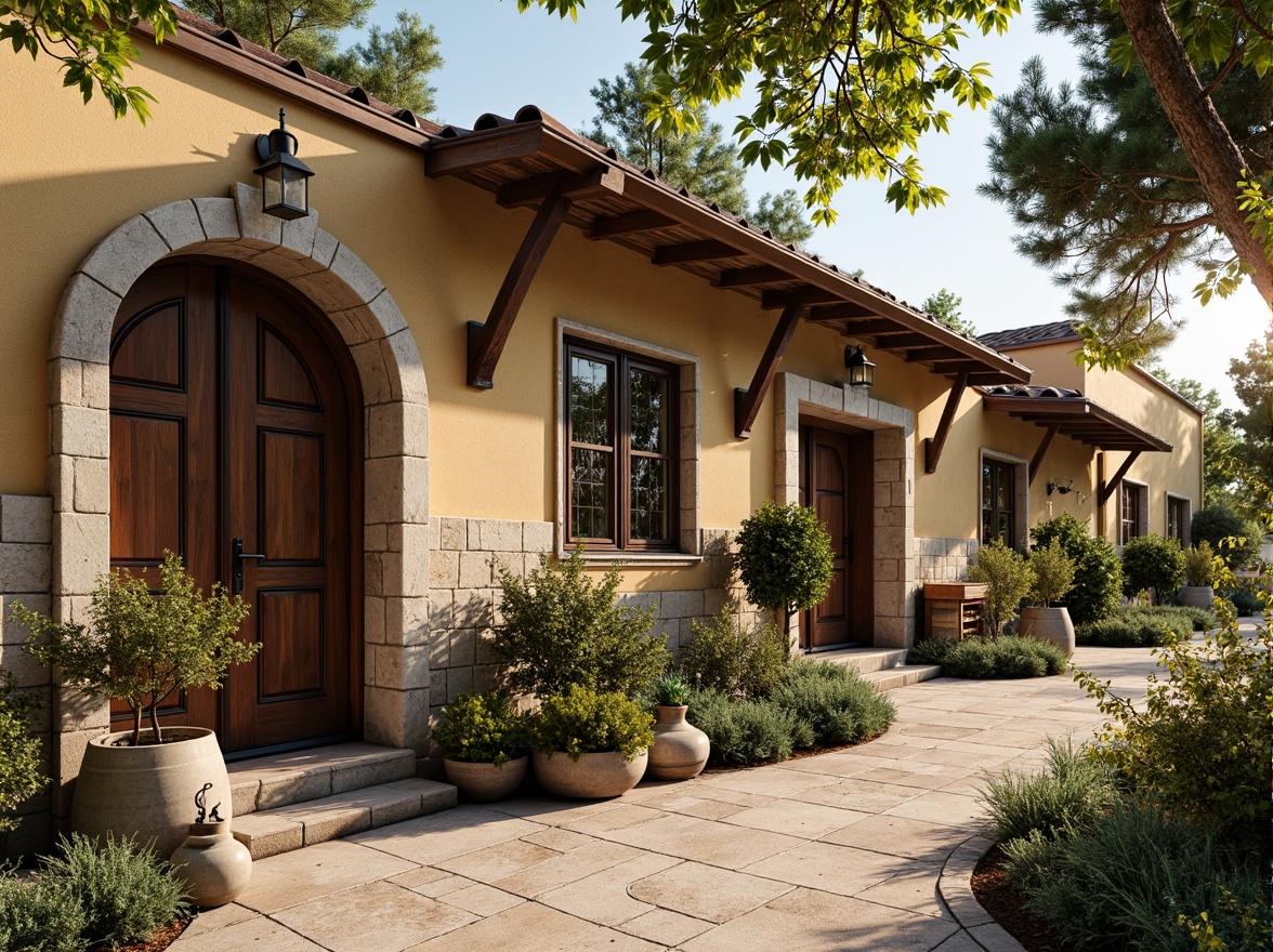 Prompt: Rustic winery facade, eclectic mix of materials, natural stone walls, wooden accents, corrugated metal roofs, vintage windows, ornate ironwork, lush green vines, blooming flowers, earthy color palette, warm sunny day, soft golden lighting, shallow depth of field, 1/2 composition, realistic textures, ambient occlusion, Mediterranean-inspired architecture, curved lines, decorative turrets, intricate stone carvings, ornate wooden doors.