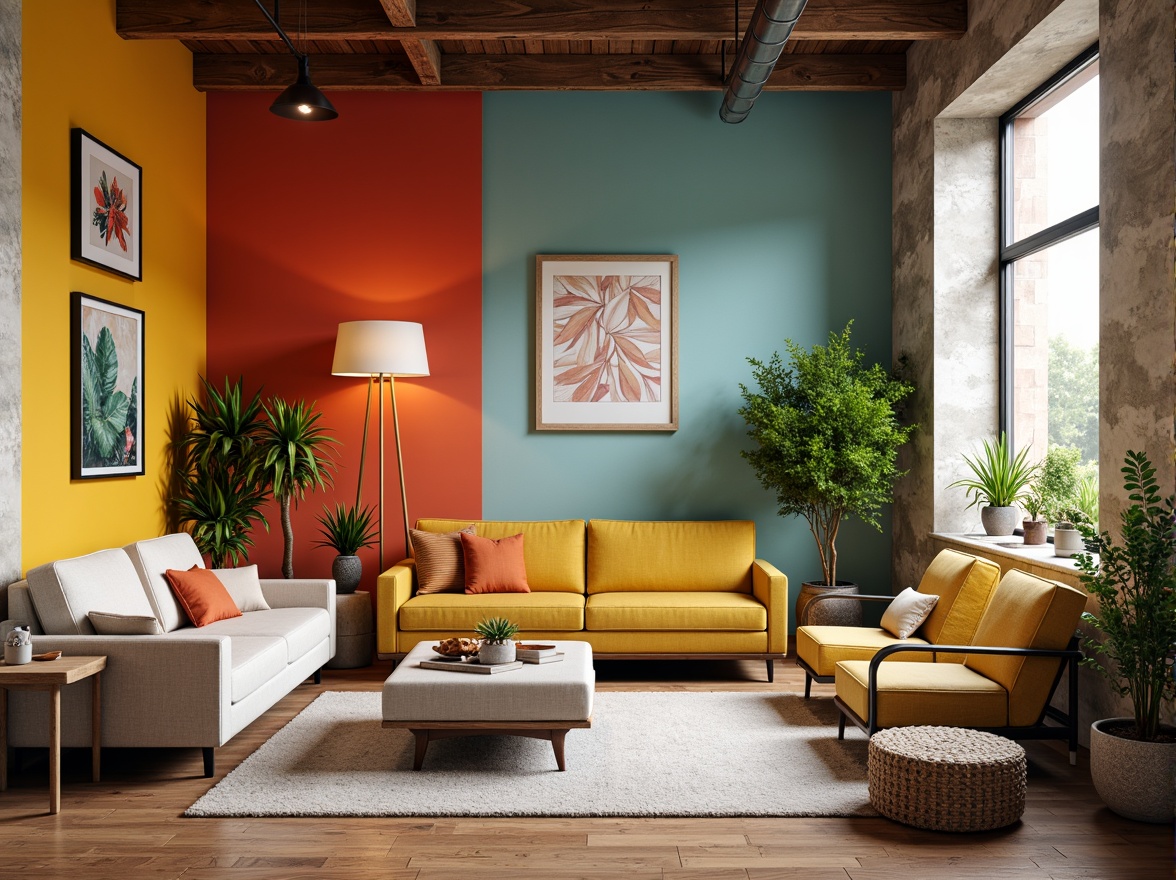 Prompt: \Vibrant design studio, modern interior space, bold color scheme, contrasting hues, pastel accents, rich textures, minimalist decor, sleek furniture, geometric patterns, natural materials, wooden floors, industrial lighting, dramatic shadows, high contrast ratio, 1/2 composition, warm atmospheric lighting, soft focus blur, realistic render.\