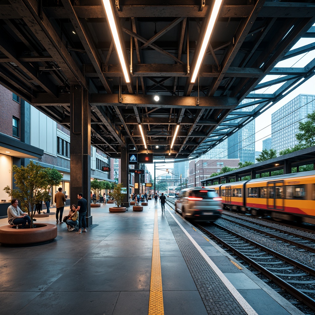 Prompt: Vibrant train station, modern industrial architecture, exposed steel beams, polished concrete floors, dynamic LED lighting, urban landscape, bustling city atmosphere, rush hour crowds, commuter trains, sleek metal accents, bold color blocking, deep blues, energetic oranges, bright yellows, rich reds, neutral grays, natural stone walls, wooden benches, lush greenery, wayfinding signage, informative displays, futuristic technology integration, shallow depth of field, 1/1 composition, realistic textures, ambient occlusion.