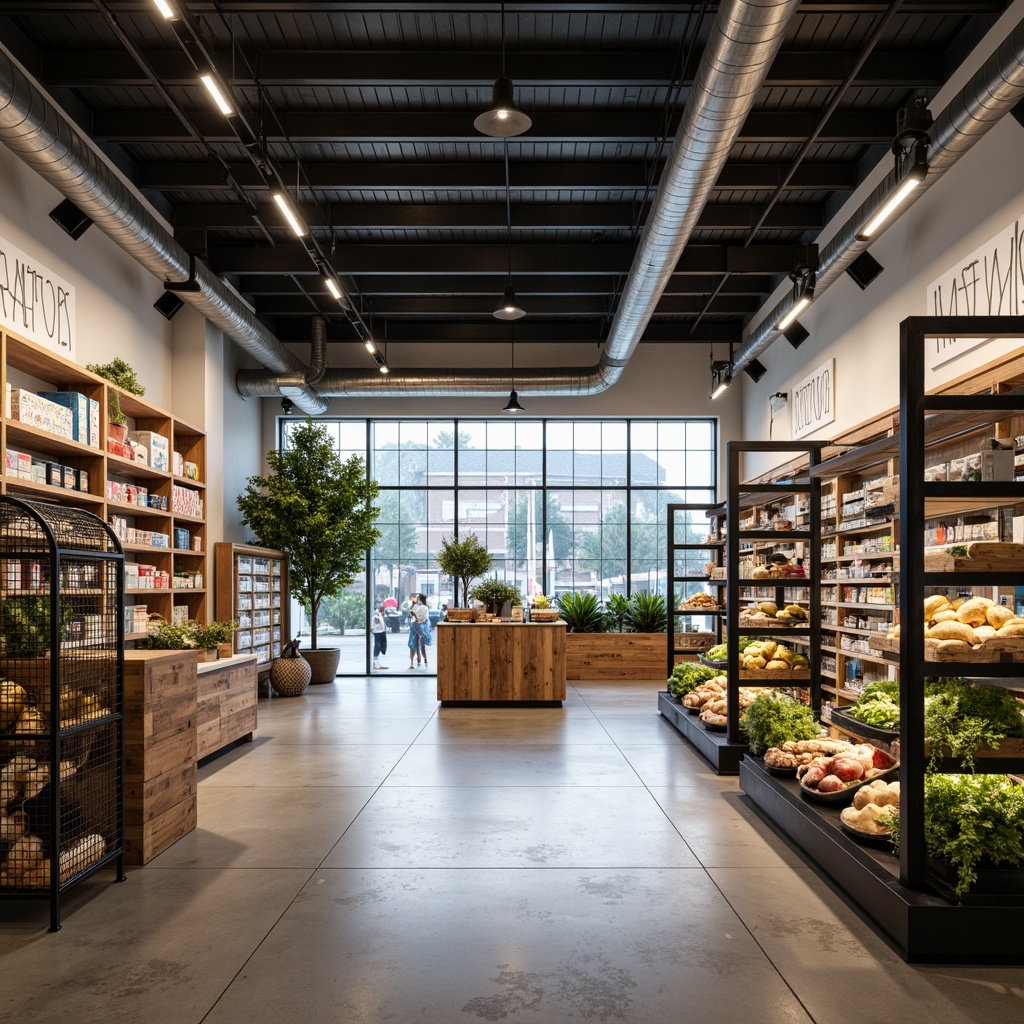 Prompt: Industrial-chic grocery store interior, Bauhaus style, exposed ductwork, polished concrete floors, reclaimed wood shelves, minimalist product displays, metal grid racks, functional lighting, open ceiling, geometric patterns, monochromatic color scheme, bold typography, functional decor, urban feel, morning light, shallow depth of field, 1/1 composition, realistic textures, ambient occlusion.