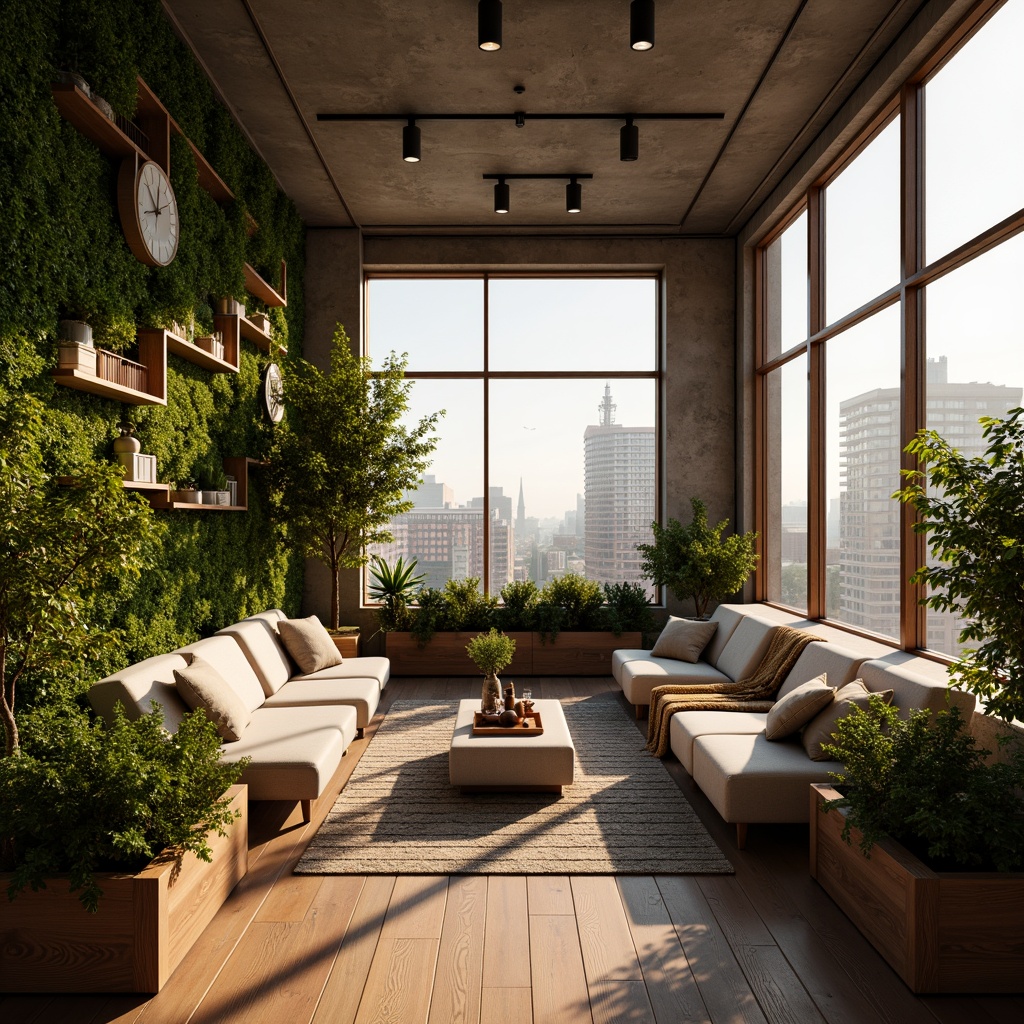 Prompt: Cozy urban apartments, floor-to-ceiling windows, warm natural light, wooden flooring, minimalist decor, greenery walls, vertical gardens, industrial-chic architecture, exposed brick walls, concrete ceilings, modern furniture, soft cushions, ambient lighting, 1/1 composition, shallow depth of field, panoramic view, realistic textures, warm color palette.