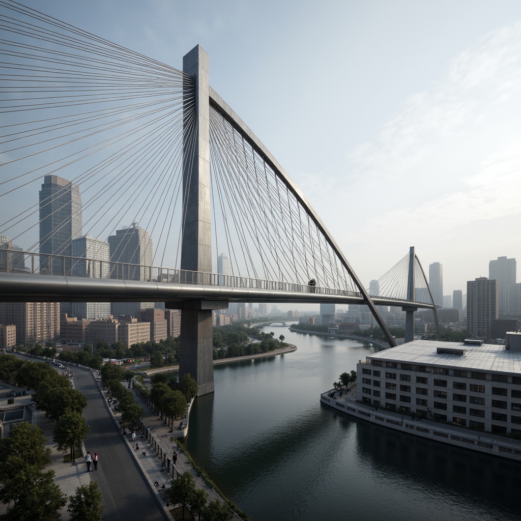 Prompt: Futuristic suspension bridge, sleek steel cables, diagonal beam supports, modern pillar design, gleaming metallic surfaces, LED lighting systems, dynamic arches, asymmetrical structures, cantilevered walkways, glass floor panels, stainless steel railings, urban cityscape, misty morning atmosphere, dramatic shadow effects, high-contrast lighting, 1/1 composition, low-angle shot, realistic reflections.