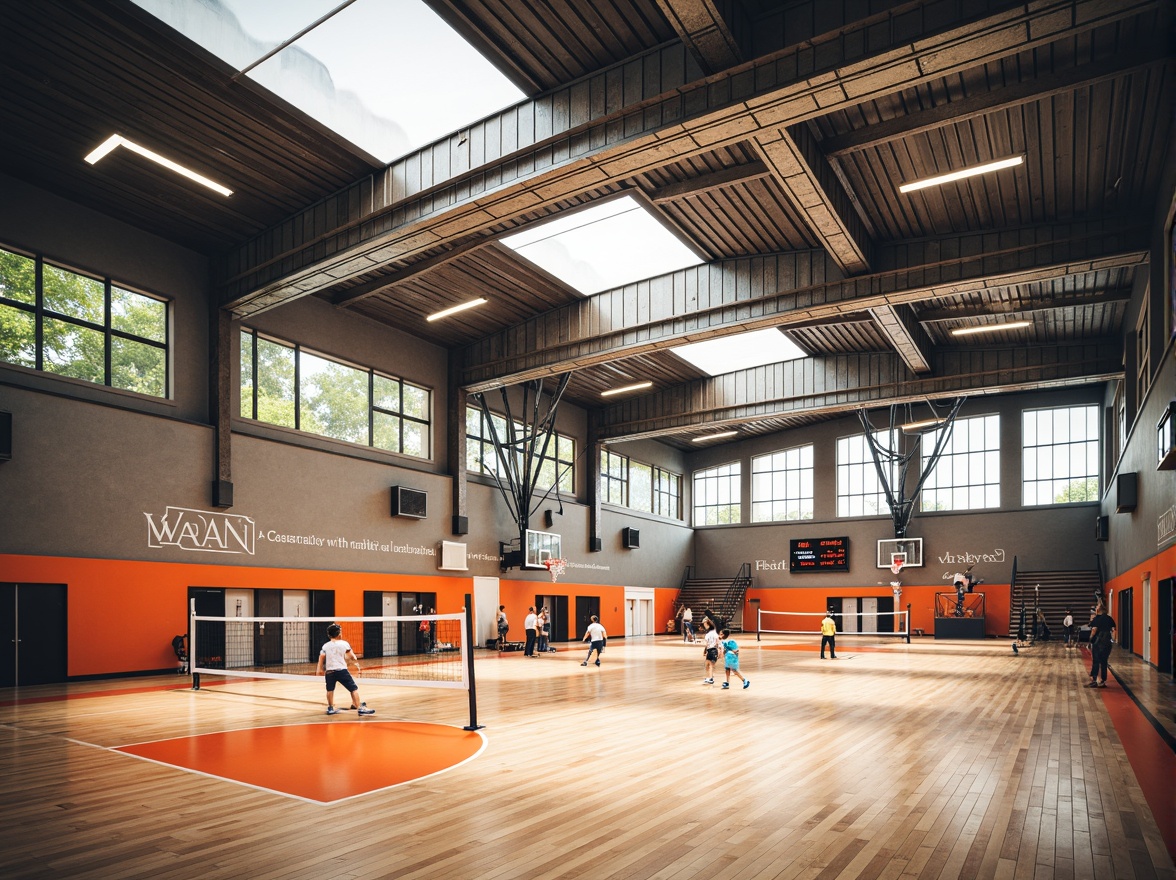 Prompt: Spacious gymnasium interior, high ceilings, large windows, clerestory windows, natural lighting, wooden flooring, athletic equipment, basketball hoops, volleyball nets, exercise machines, mirrored walls, modern architecture, steel beams, exposed ductwork, vibrant color accents, motivational quotes, scoreboard displays, soft warm illumination, shallow depth of field, 1/1 composition, realistic textures, ambient occlusion.