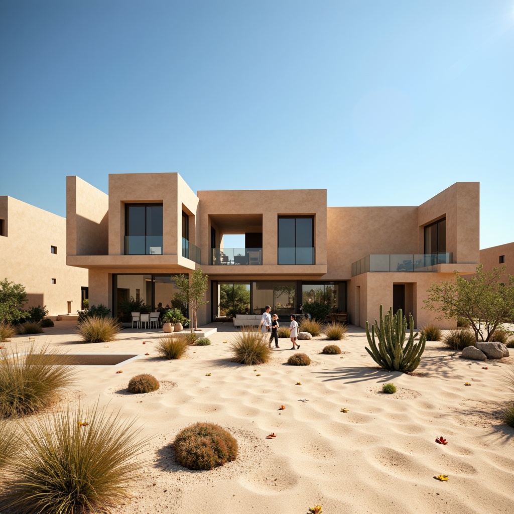 Prompt: Desert landscape, sandy dunes, cactus plants, hot sunny day, clear blue sky, vast open space, modern desert architecture, large windows, sliding glass doors, clerestory windows, skylights, reflective glass surfaces, angular lines, minimalist design, sustainable energy solutions, solar panels, water conservation systems, green roofs, eco-friendly materials, innovative cooling technologies, shaded outdoor spaces, misting systems, Arabic-inspired patterns, vibrant colorful textiles, intricate geometric motifs, natural stone walls, rammed earth structures, adobe buildings, earthy tones, warm beige colors, soft warm lighting, shallow depth of field, 3/4 composition, panoramic view, realistic textures, ambient occlusion.