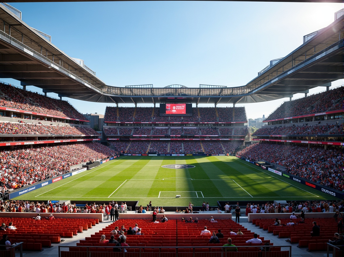 Prompt: Vibrant stadium atmosphere, bold team colors, dynamic seating arrangements, sleek modern architecture, bright LED scoreboards, energetic crowd scenes, warm sunny days, dramatic floodlighting, shallow depth of field, 1/2 composition, realistic textures, ambient occlusion.