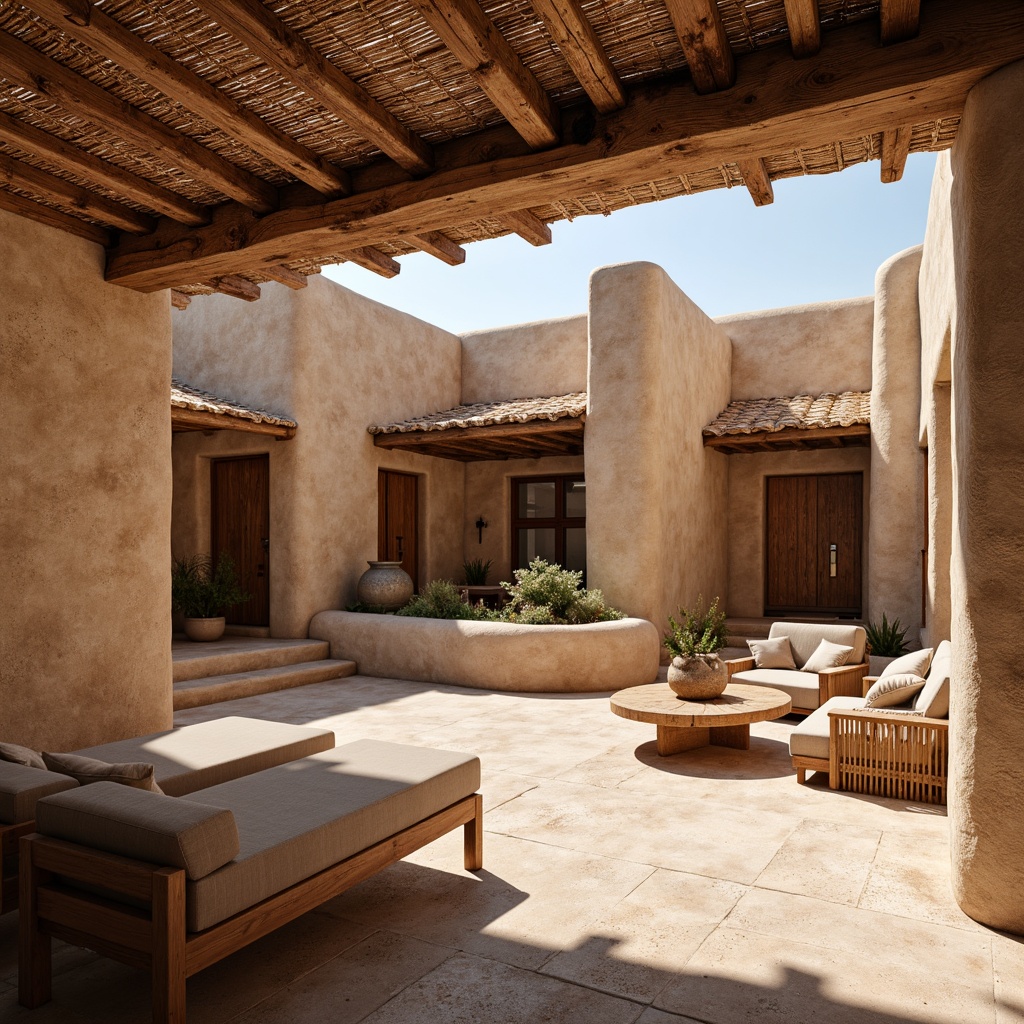 Prompt: Earth-toned adobe buildings, natural stone walls, rustic wooden doors, clay tile roofs, woven bamboo ceilings, earthy color palette, organic forms, curved lines, regional materials, locally sourced timber, reclaimed wood accents, mud-brick construction, traditional craftsmanship, warm ambient lighting, soft shadows, 1/2 composition, realistic textures, atmospheric perspective.