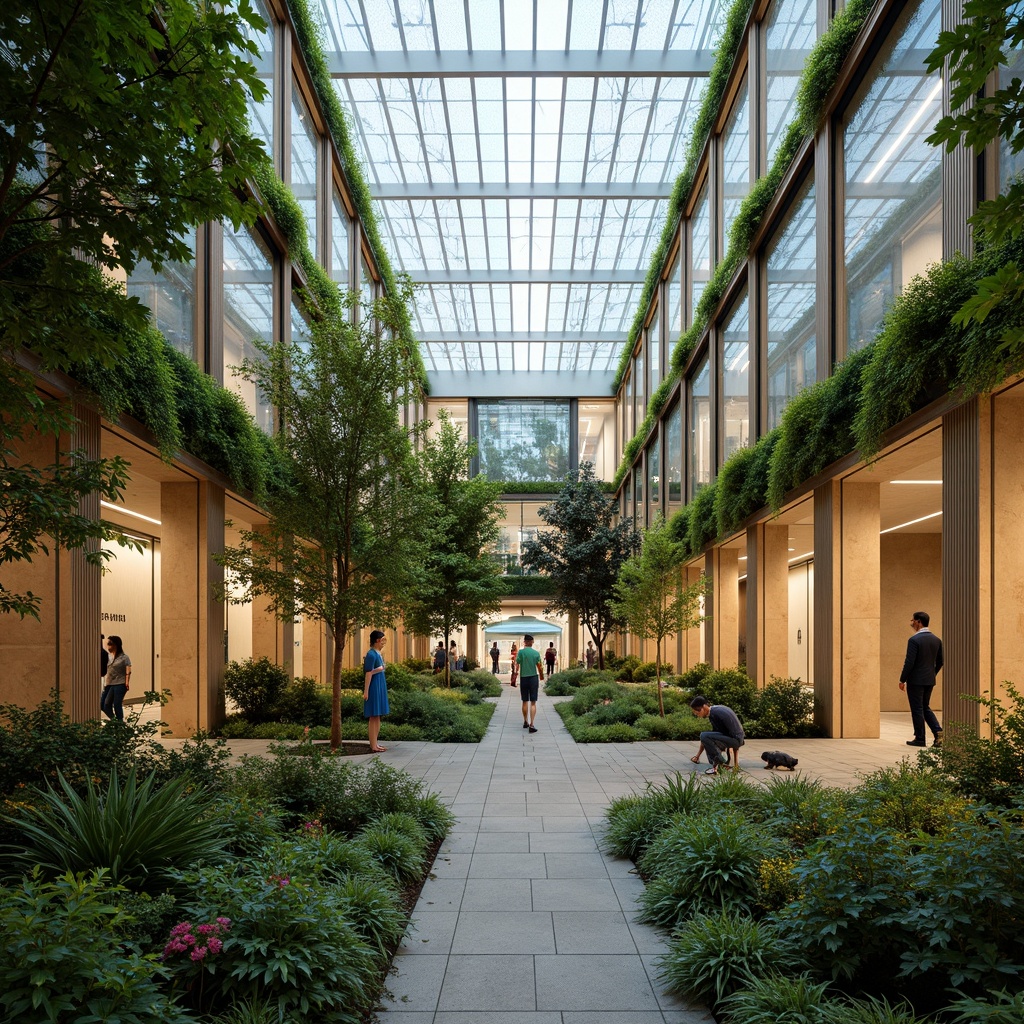 Prompt: Vibrant atrium, lush greenery, natural stone walls, floor-to-ceiling windows, clerestory rooflights, open floor plan, minimalist interior design, reflective surfaces, mirrored ceilings, prismatic glass installations, soft warm illumination, ambient occlusion, 1/1 composition, panoramic view, realistic textures, sustainable energy solutions, solar panels, green roofs, eco-friendly materials, innovative cooling technologies, shaded outdoor spaces, misting systems.