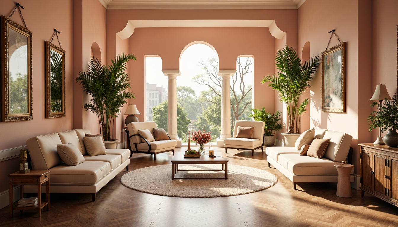 Prompt: Soft peach hues, warm beige tones, blush accents, creamy whites, rich golds, velvety textures, elegant archways, ornate mirrors, refined furniture, lush greenery, natural light pouring in, shallow depth of field, 1/2 composition, romantic ambiance, vintage decorative elements, distressed wood finishes, classic patterns, subtle sheen.