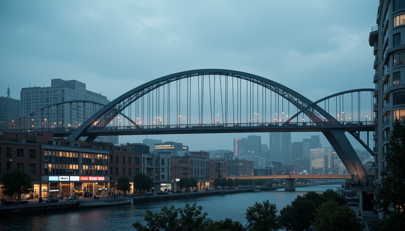 Prompt: Futuristic bridge design, sleek metal arches, cable-stayed suspension, neon-lit LED lighting, gleaming steel beams, angular geometric shapes, modern urban landscape, bustling cityscape, misty atmospheric conditions, soft focus effect, shallow depth of field, 1/1 composition, realistic metallic textures, ambient occlusion, high-contrast color palette, dramatic cinematic mood.