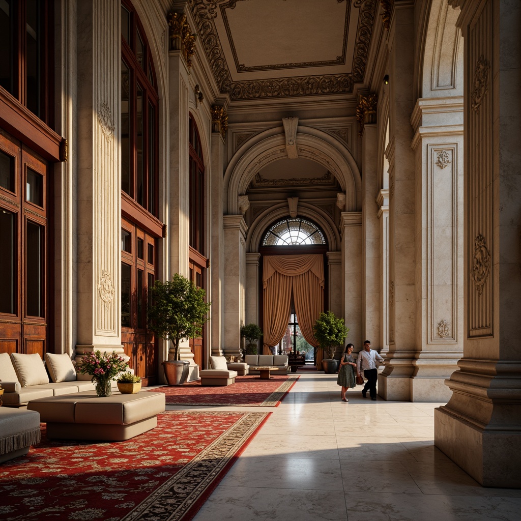 Prompt: Elegant neoclassical facade, ornate columns, intricately carved stone details, polished marble floors, richly patterned rugs, luxurious velvet drapes, gilded moldings, ornamental metalwork, subtle wood grain textures, soft warm lighting, atmospheric shadows, 1/1 composition, shallow depth of field, realistic reflections, ambient occlusion.