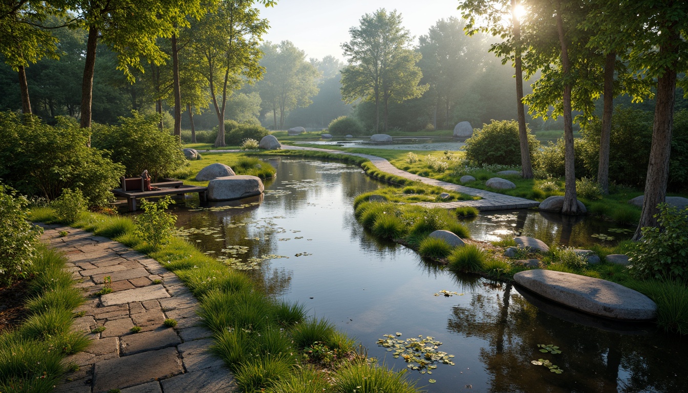 Prompt: Winding waterways, lush aquatic vegetation, serene wetlands, native wildlife habitats, naturalistic ponds, rustic wooden bridges, meandering stone pathways, weathered boulders, vibrant green moss, misty morning atmosphere, soft warm lighting, shallow depth of field, 3/4 composition, panoramic view, realistic textures, ambient occlusion.