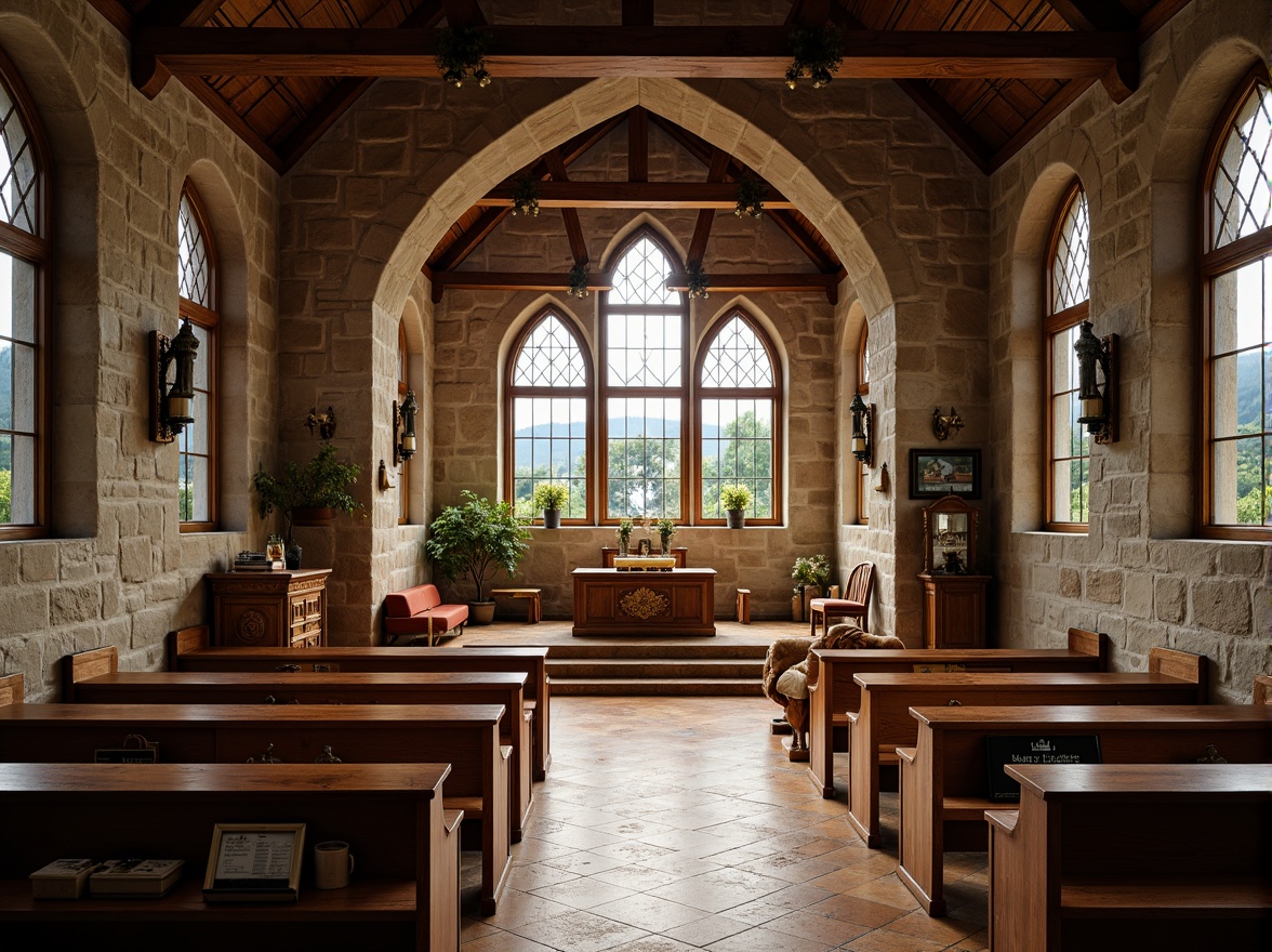 Prompt: Rustic stone walls, wooden pews, stained glass windows, vaulted ceilings, grand altar, intricate carvings, ornate furnishings, natural light pouring in, warm earthy tones, rural landscape, rolling hills, surrounding trees, peaceful atmosphere, soft diffused lighting, shallow depth of field, 1/1 composition, symmetrical view, realistic textures, ambient occlusion.