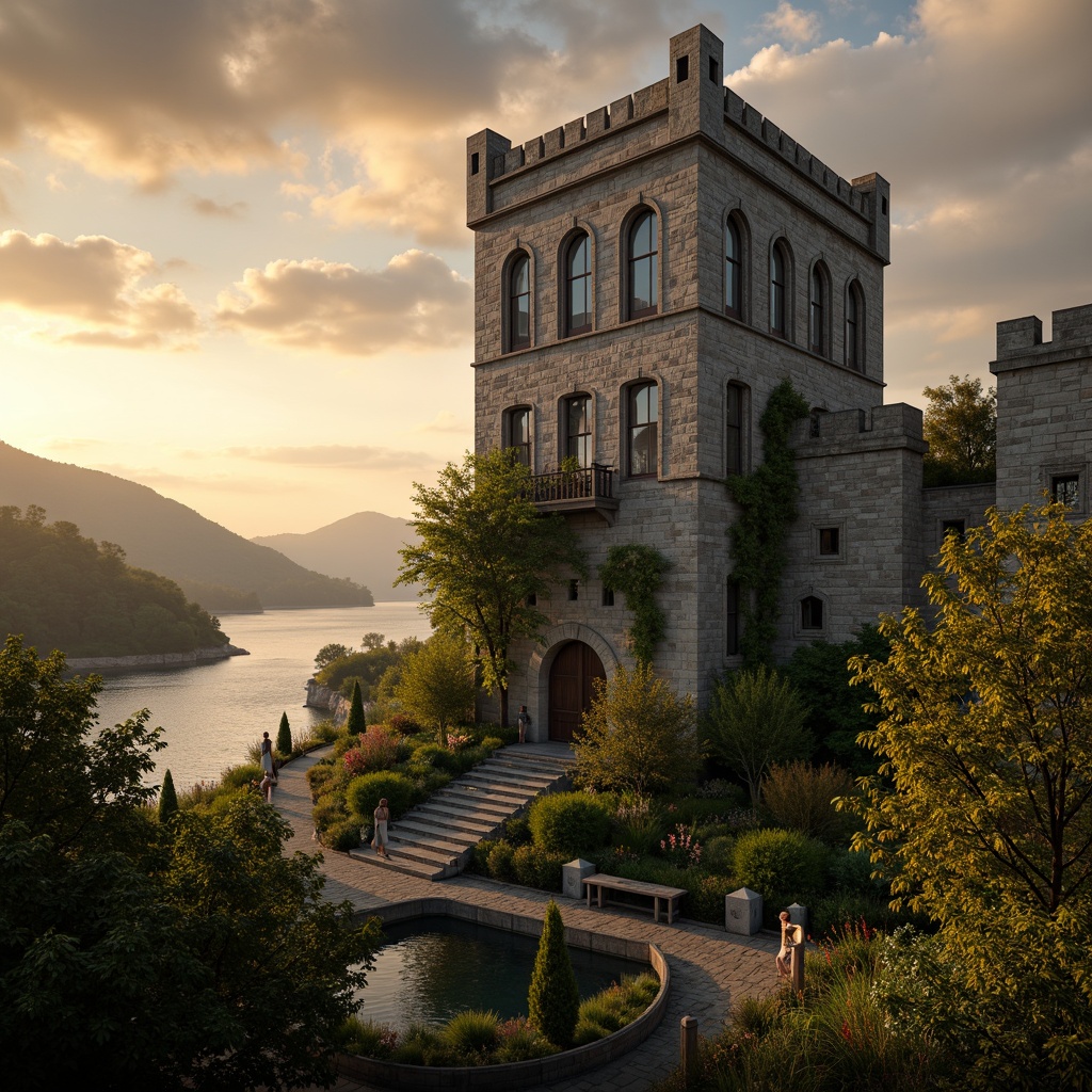 Prompt: Majestic watchtower, medieval architecture, stone walls, ivy climbing, grandeur entrance, ornate windows, rustic doors, fortified battlements, lush greenery, rolling hills, misty mountains, serene lake, reflecting pool, dramatic sunset, warm golden lighting, shallow depth of field, 3/4 composition, panoramic view, realistic textures, ambient occlusion.