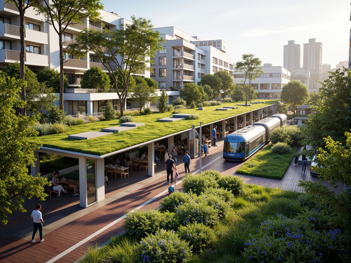 Prompt: Vibrant tram station, lush green roofs, urban jungle, natural habitats, wildflowers, native plants, sustainable architecture, eco-friendly design, rainwater harvesting systems, grey water reuse, insulation benefits, reduced energy consumption, urban heat island mitigation, improved air quality, increased biodiversity, habitat creation, noise reduction, acoustic comfort, modern architecture, sleek lines, minimalist design, ample natural light, soft warm lighting, shallow depth of field, 3/4 composition, panoramic view, realistic textures, ambient occlusion.