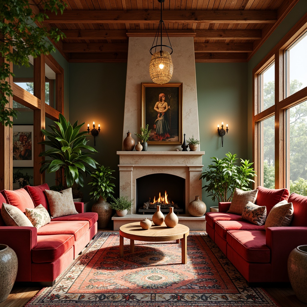 Prompt: \Vibrant bohemian living room, eclectic furniture, plush velvet sofas, Moroccan-inspired tiles, colorful woven rugs, lush greenery, natural wood accents, earthy terracotta vases, warm golden lighting, soft focus, shallow depth of field, 1/1 composition, intimate atmosphere, cozy textures, ambient occlusion.\