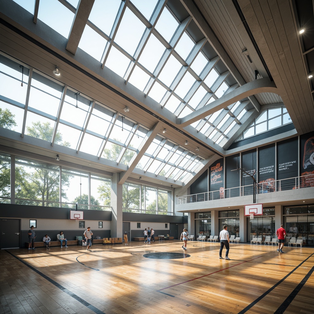 Prompt: Modern gymnasium interior, translucent polycarbonate panels, diffused natural light, athletic tracks, basketball courts, sports equipment, minimalist metallic frames, sleek wooden floors, ceiling-mounted spotlights, ambient indirect lighting, 1/1 composition, shallow depth of field, realistic textures, subtle color palette, airy open spaces, comfortable seating areas, motivational quotes, athletic-themed decorations, dynamic architectural shapes.