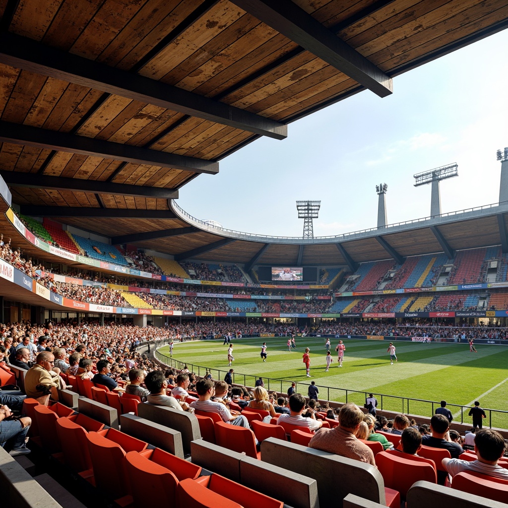 Prompt: Vibrant eclectic soccer stadium, dynamic seating arrangement, bold color blocking, mixed material patterns, industrial metal beams, reclaimed wood accents, distressed concrete textures, urban graffiti-inspired murals, energetic crowd atmosphere, dramatic floodlighting, shallow depth of field, 1/1 composition, wide-angle lens, realistic renderings, ambient occlusion.