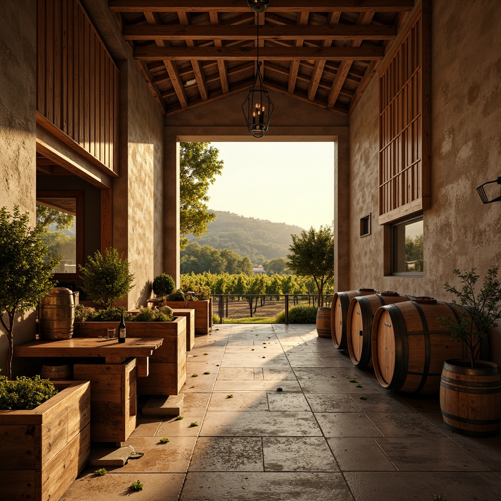 Prompt: Rustic winery, earthy tones, warm beige, rich wood accents, lush vineyards, golden sunlight, rolling hills, natural stone walls, vintage wine barrels, distressed wooden crates, soft warm lighting, shallow depth of field, 1/1 composition, intimate atmosphere, realistic textures, ambient occlusion.