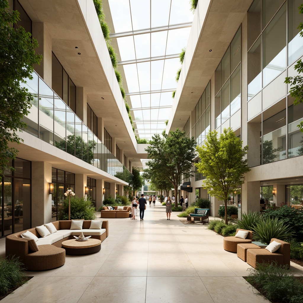 Prompt: Spacious open floor plan, high ceilings, clerestory windows, skylights, transparent glass walls, minimal obstructions, reflective surfaces, light-colored interior finishes, mirror-like reflections, abundant greenery, lush plants, natural textures, earthy tones, warm beige colors, soft diffused lighting, indirect sunlight, ambient shadows, 1/1 composition, symmetrical framing, realist rendering, subtle contrast, atmospheric perspective.