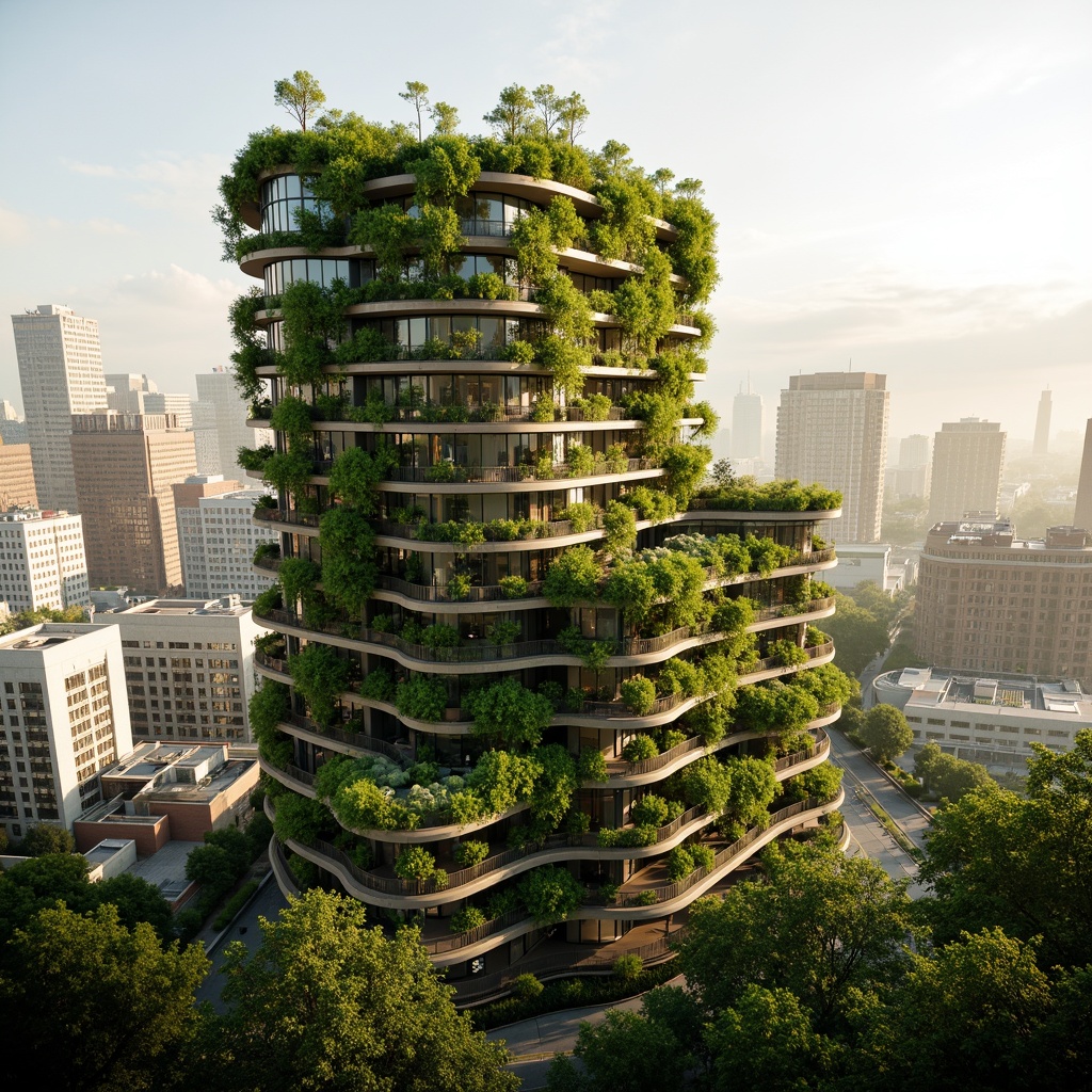 Prompt: Lush green walls, living roofs, organic curves, futuristic skyscraper, sustainable design, renewable energy systems, solar panels, wind turbines, rainwater harvesting, grey water reuse, natural ventilation, large windows, minimalist interiors, reclaimed wood accents, low-VOC paints, eco-friendly materials, bamboo flooring, vertical farming, urban agriculture, misty mornings, warm golden lighting, shallow depth of field, 1/1 composition, realistic textures, ambient occlusion.