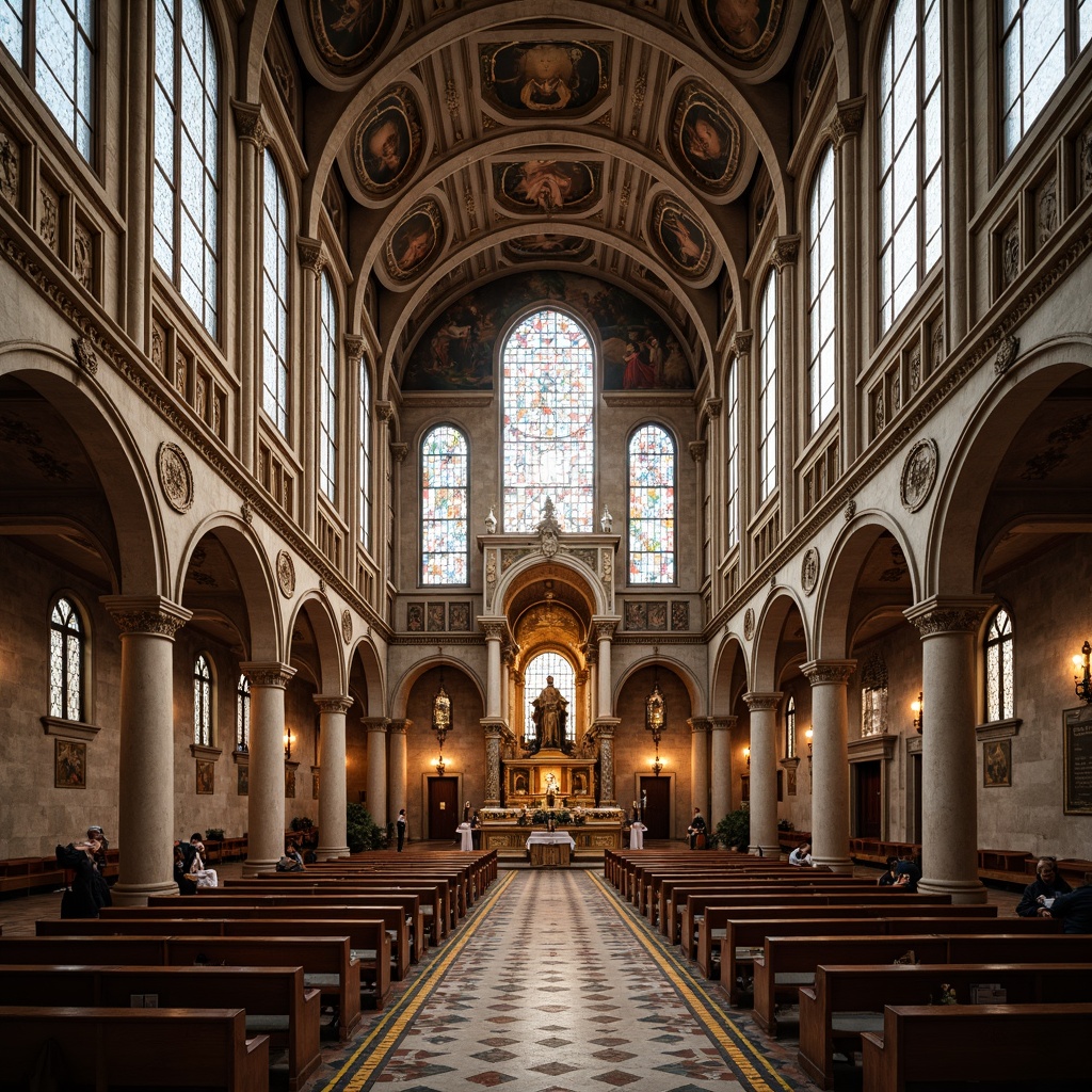 Prompt: Grand cathedral interior, ornate carvings, rustic stone walls, vaulted ceilings, stained glass windows, intricate archways, rounded columns, ornamental capitals, golden accents, lavish frescoes, mosaic floors, solemn atmosphere, soft warm lighting, shallow depth of field, 3/4 composition, panoramic view, realistic textures, ambient occlusion.