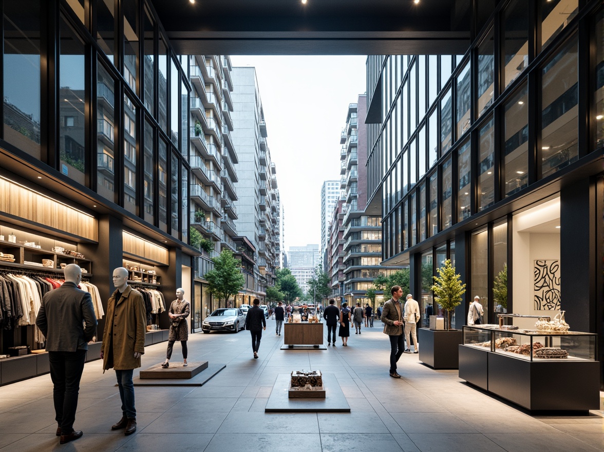 Prompt: Minimalist retail space, transparent glass fa\u00e7ade, sleek metal framework, polished concrete floors, open shelving systems, cantilevered display racks, geometric patterns, industrial chic lighting, soft natural daylight, shallow depth of field, 1/1 composition, panoramic view, realistic textures, ambient occlusion, urban cityscape, bustling streets, modern skyscrapers, abstract graffiti murals, edgy street art, avant-garde fashion mannequins.