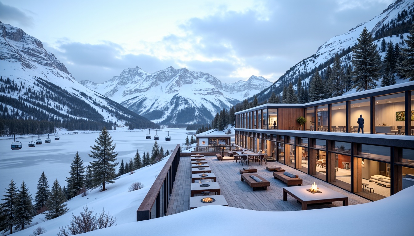 Prompt: Snow-capped mountains, frozen lakes, ski lifts, mountainous terrain, modern ski center architecture, transparent glass fa\u00e7ades, minimalist design, steel frames, wooden accents, warm lighting, cozy atmosphere, comfort zones, fireplaces, natural stone walls, panoramic views, snow-covered roofs, eco-friendly materials, energy-efficient systems, sustainable building practices, vast open spaces, functional layouts, ski equipment storage, rental shops, cafes, restaurants, observation decks, breathtaking vistas, dramatic mountain scenery, soft focus blur, atmospheric mist, cinematic composition.