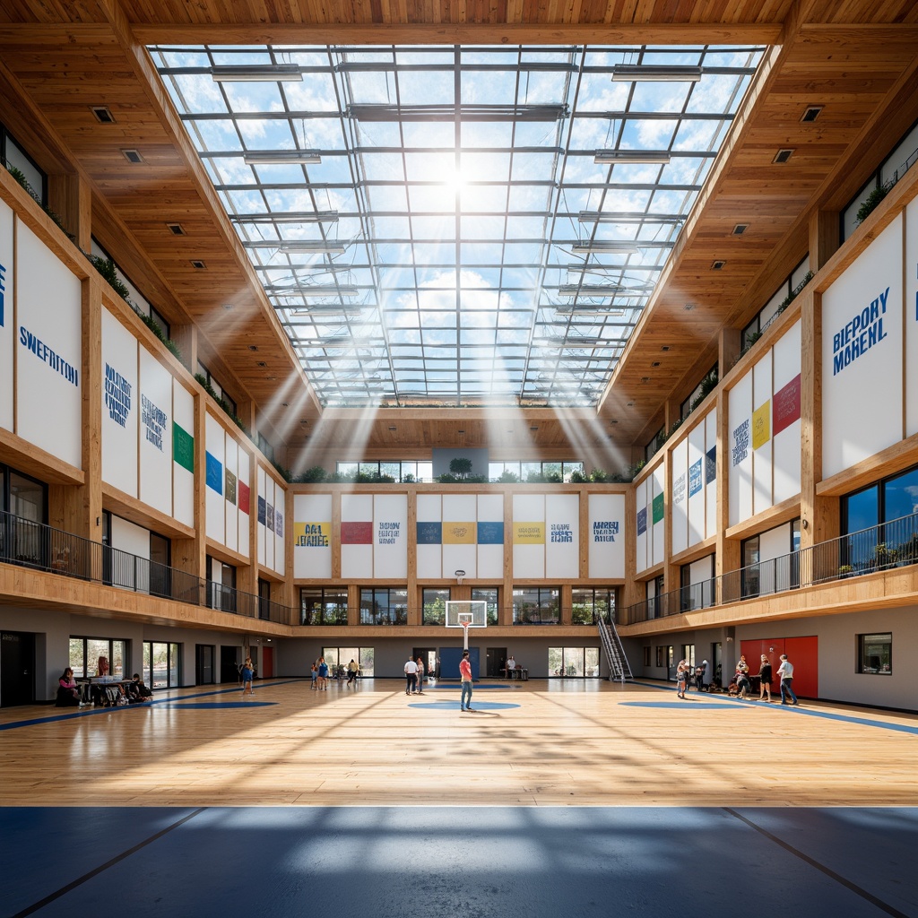 Prompt: Well-ventilated gymnasium, abundant natural light, clerestory windows, high ceilings, polished wood floors, basketball courts, sports equipment, athletic tracks, vibrant colors, motivational quotes, modern architectural design, large skylights, transparent roofs, minimalist decor, functional layout, bright airy atmosphere, warm sunbeams, soft diffused lighting, shallow depth of field, 3/4 composition, panoramic view, realistic textures, ambient occlusion.