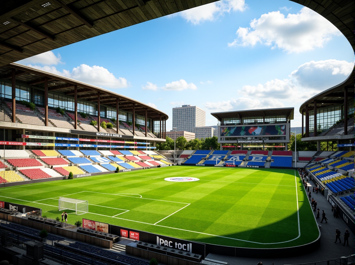 Prompt: Soccer stadium, lush green grass, vibrant team colors, grandstand seating, athletic tracks, football goals, scoreboards, floodlights, natural stone fa\u00e7ades, modern architecture, cantilevered roofs, large windows, glass doors, urban landscape, sunny day, dramatic shadows, shallow depth of field, 3/4 composition, panoramic view, realistic textures, ambient occlusion.